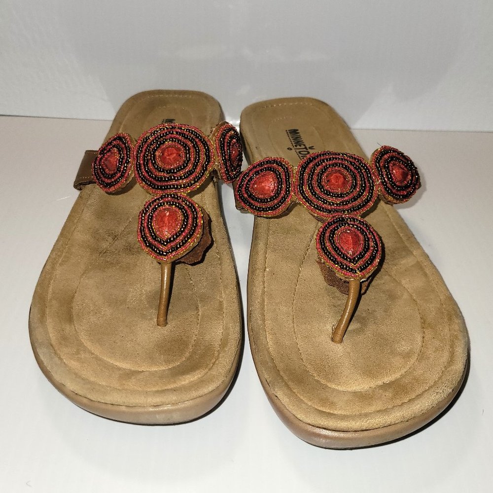 Minnnetonka Women's Red Circles Beaded Embellished Thong Sandals Size 10